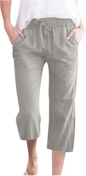YRAETENM Linen Pants Women Summer Drawstring Elastic High Waist Capri Pants Casual Straight Wide Leg Trouser Wirh Pockets