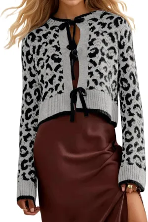 Ythomm Women Leopard Print Bow Tie Cardigan Sweaters Long Sleeve Crewneck Open Front Knit Cardigan Coats Casual Loose Outwear
