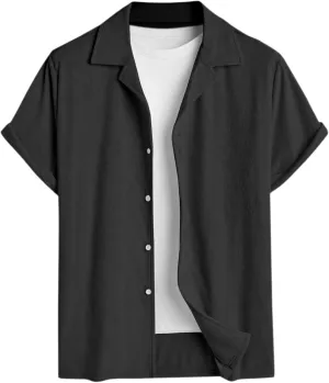 ZAFUL Casual Short Sleeve Button Down Shirts for Men Summer Textured Cuban Lapel Collar Solid Color Lightweight Beach Shirt