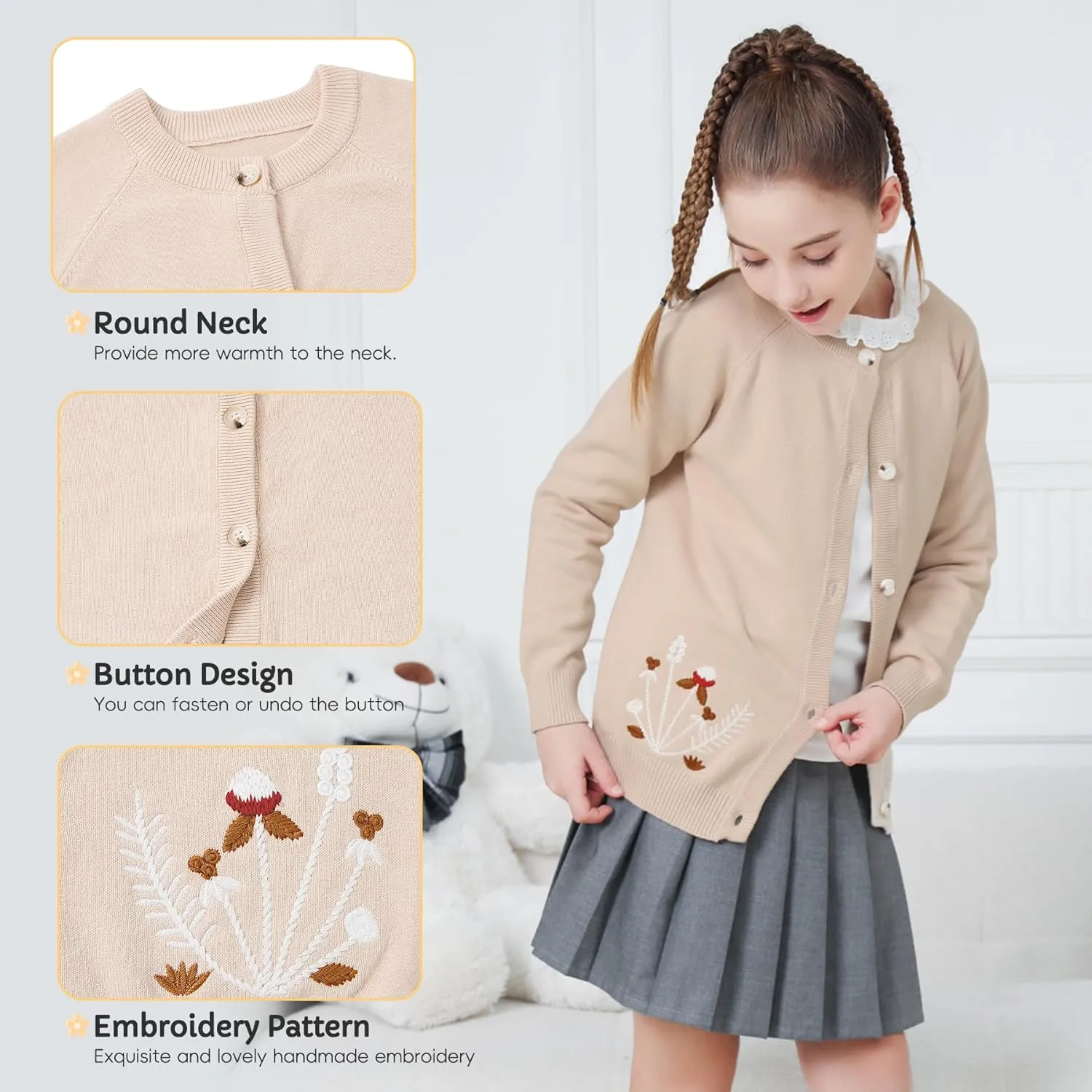 Zando Girls Cardigan Sweater Cotton Girls Long Sleeve Sweater Crewneck Button Up Knit Sweaters for Girls 4-12 Years