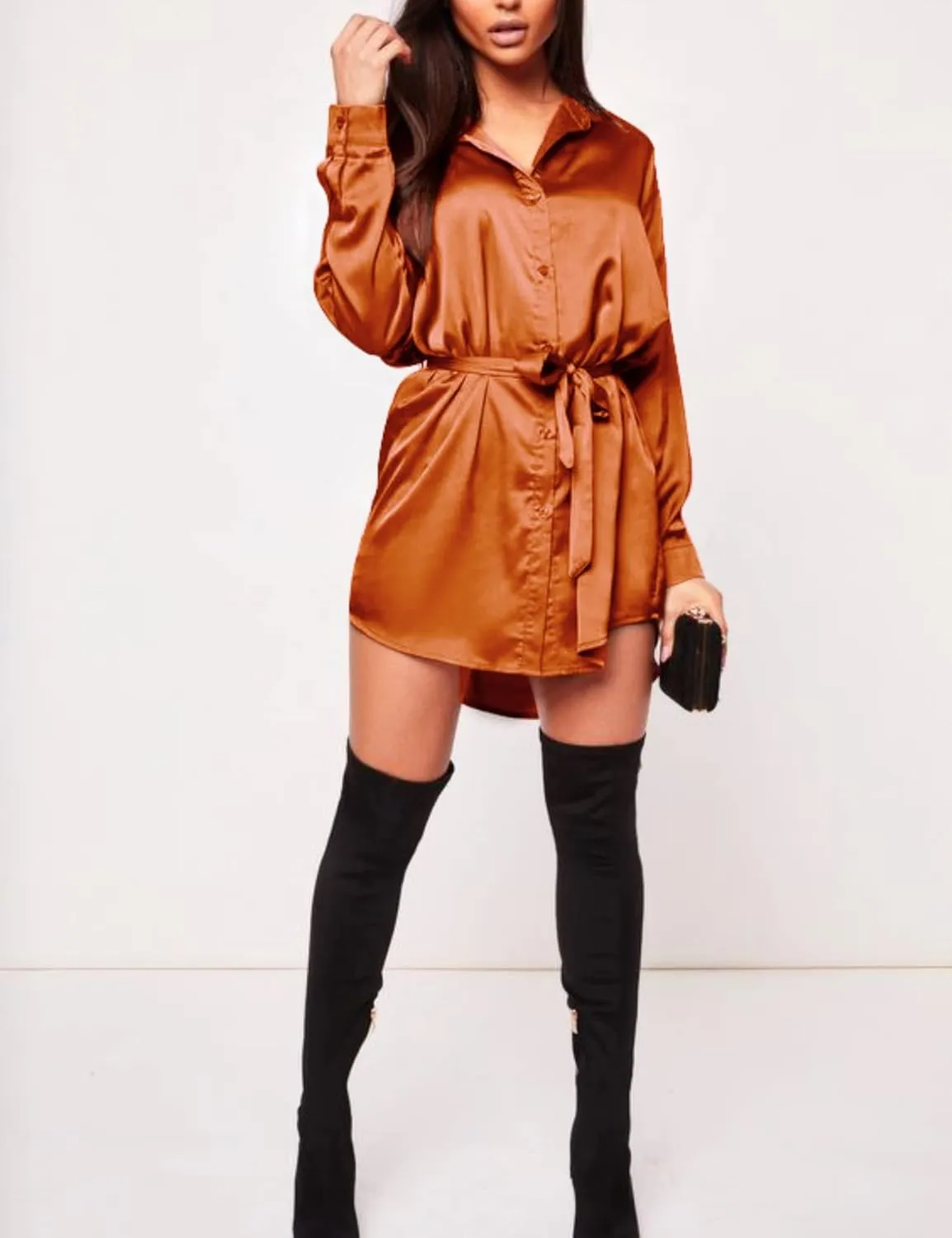 Zeagoo Women's Stain Long Sleeve Dress Button Down Shirts Tunic Dresses Casual V-Neck Mini Dress with Belt