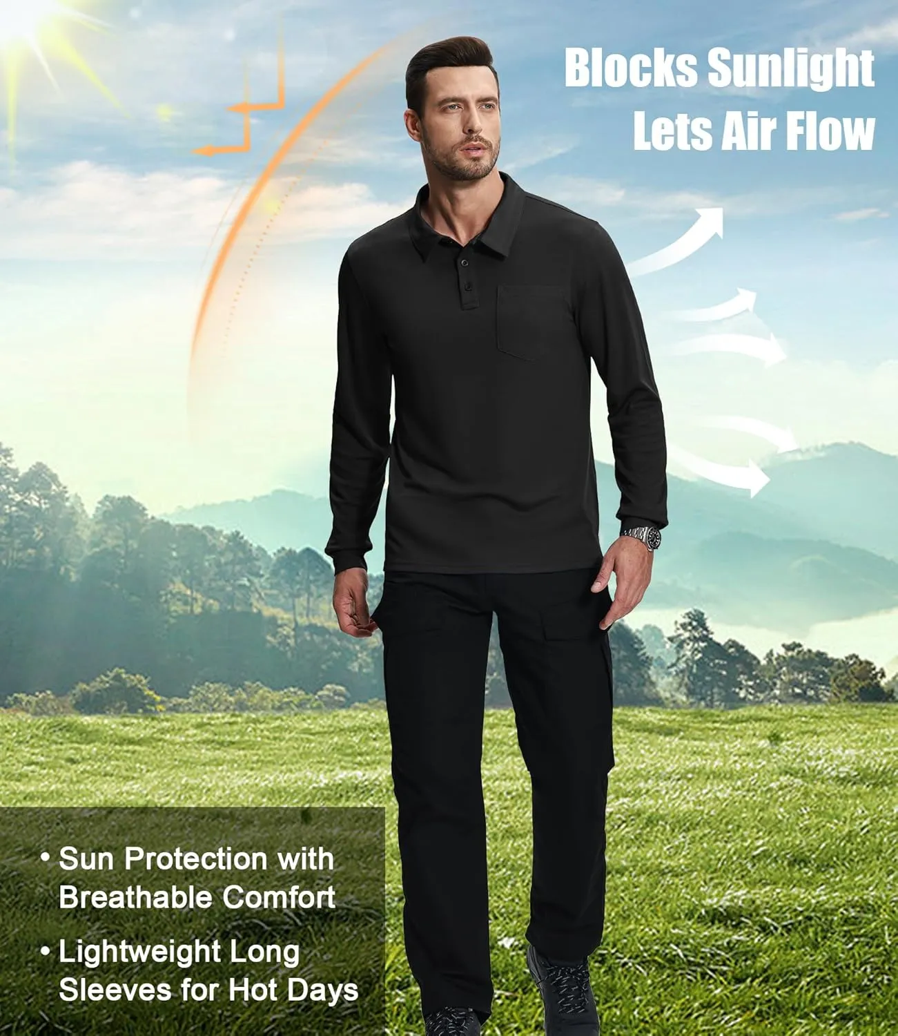 ZITY 3 Pack Long Sleeve Polo Shirts for Men with Pocket Moisture Wicking Outdoor Workwear Office Casual Collared Shirts Fall